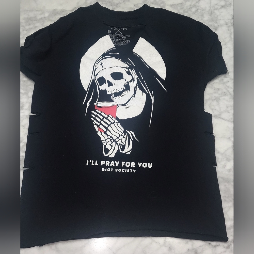 Riot Society I'll Pray For You Womans Black Short Sleeve T-shirt With Cutouts